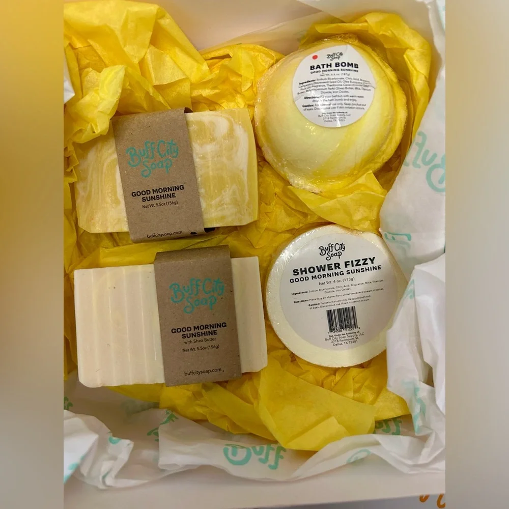 Buff City Soap Gift Set Handmade "Good Morning” soaps, bomb, tee, fizzy New - Picture 4 of 10